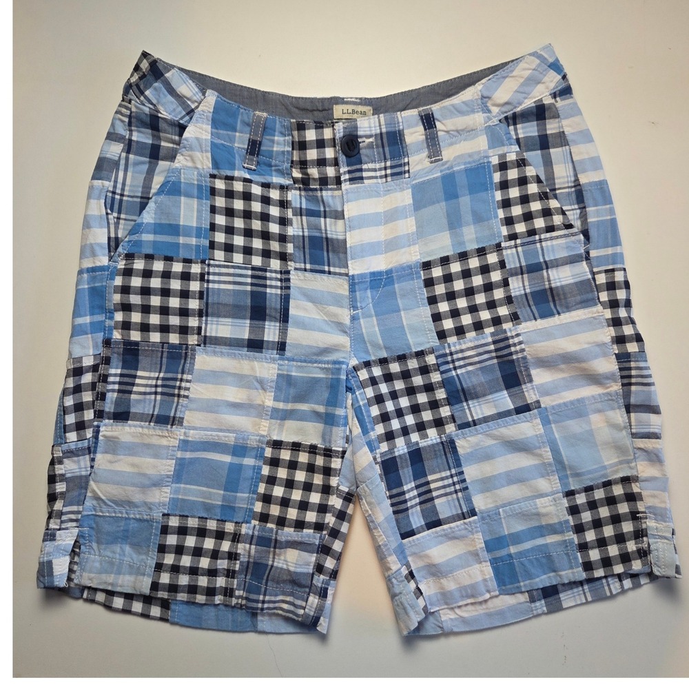 LL Bean Favorite Fit Patchwork Plaid Shorts Blue White Cotton Womens Size 8 Reg